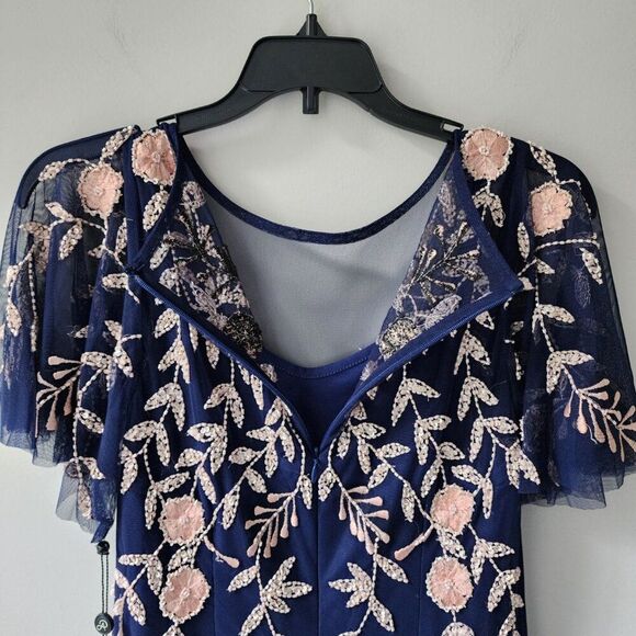 Adrianna Papell Illusion Cocktail Dress | Beaded | Flutter Sleeve, Sheer, Size 4 - Picture 8 of 13